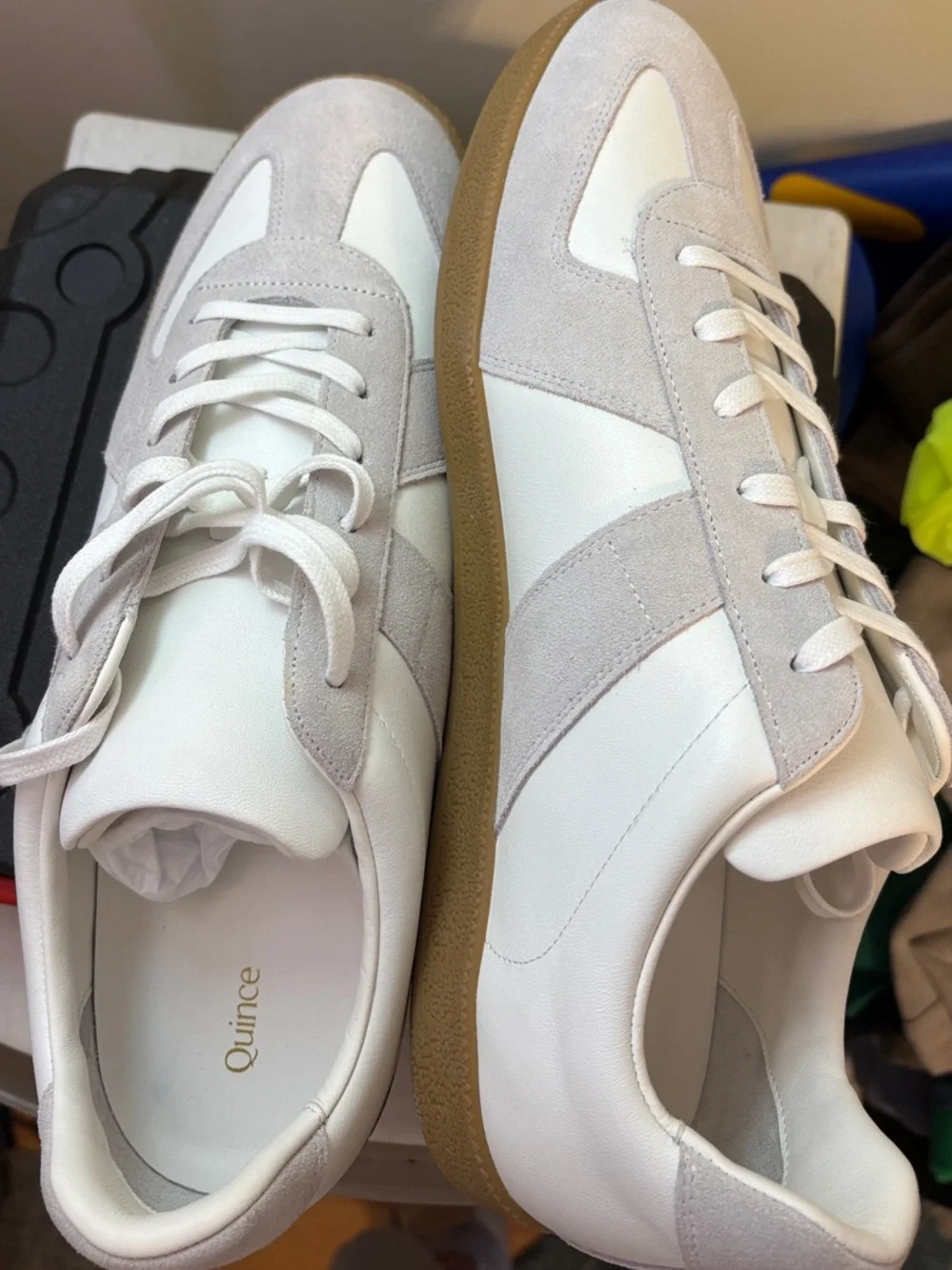 Quince White and Light Gray Suede Leather Sneakers